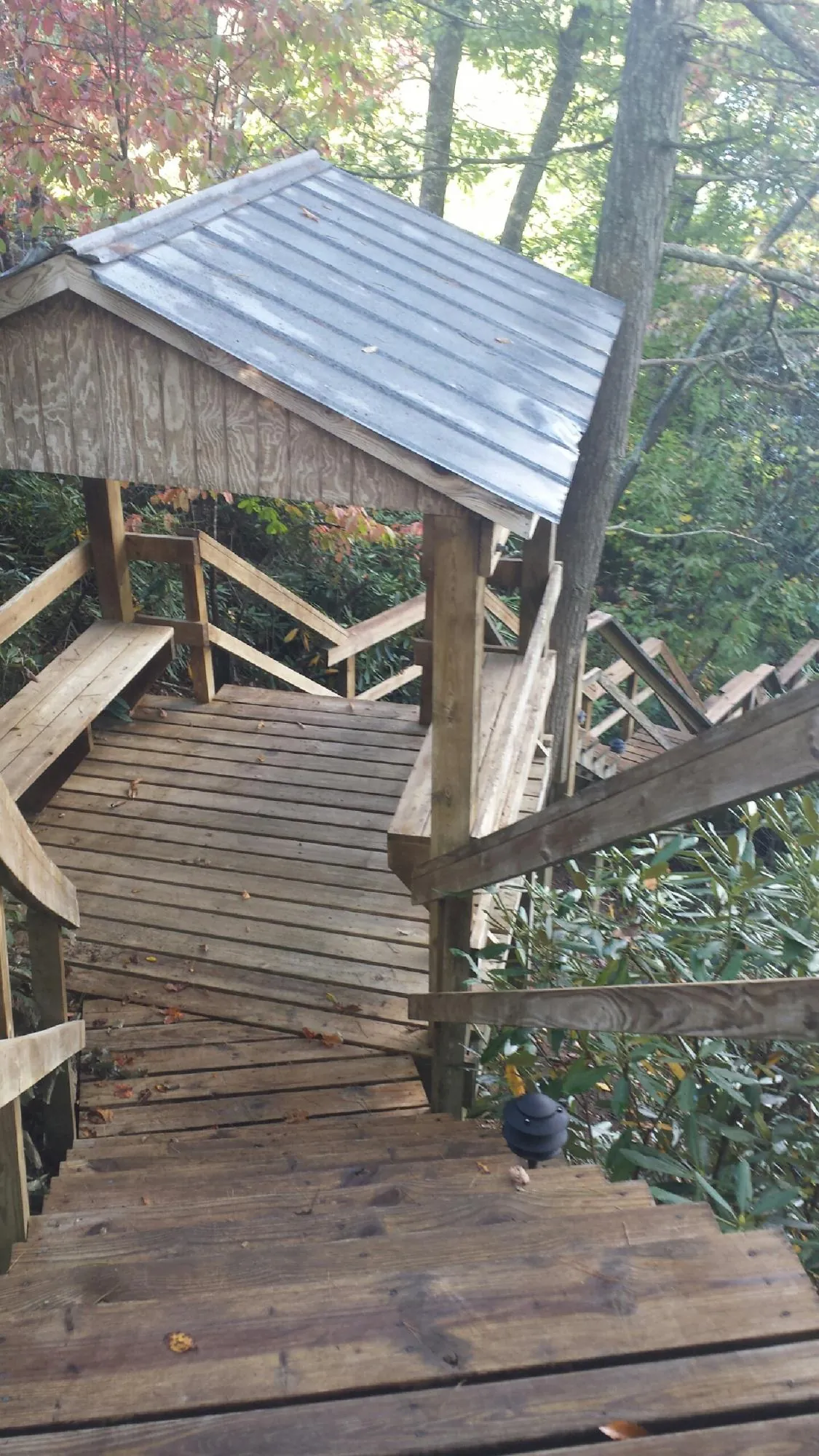 Metal roofed shelter over wooden steps on a wooded walkway — Skylight Repair & Installation work by our crew in Wilsall